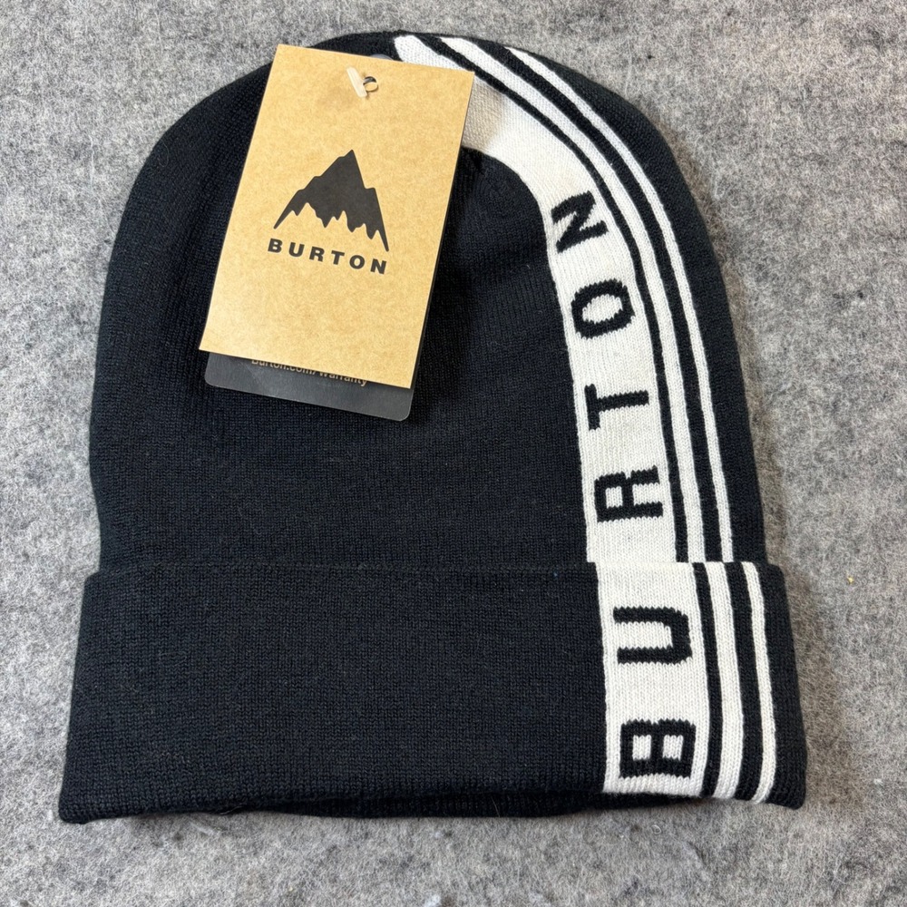 Burton Black White Vertical Logo Cuffed Knit Beanie Snowboard Winter Hat NEW